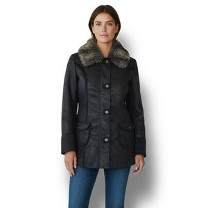 Monoreno Women’s Faux Suede Jacket Coat VTG Fur Collar Trim Penny Lane Black L
